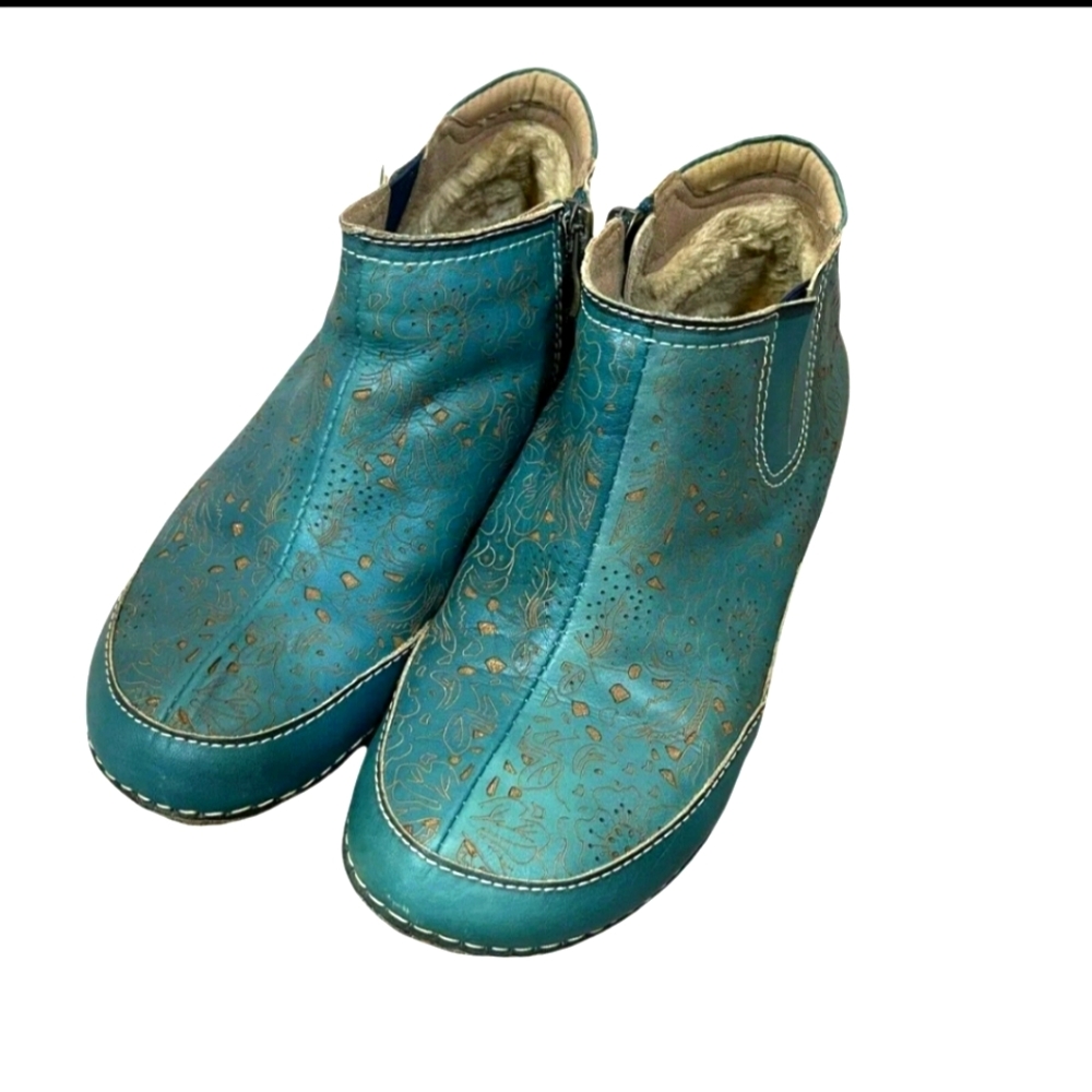 L'Artiste Womens Petrol Blue Libootie Hand Painted Ankle Boots US 6